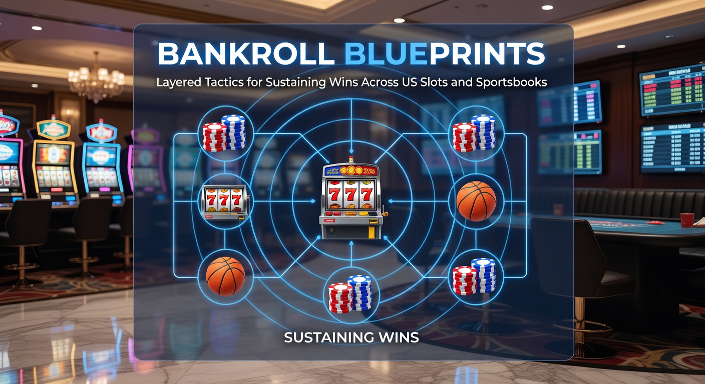 Graphic illustrating layered bankroll management charts with slots reels and sportsbook odds boards in a US gaming context
