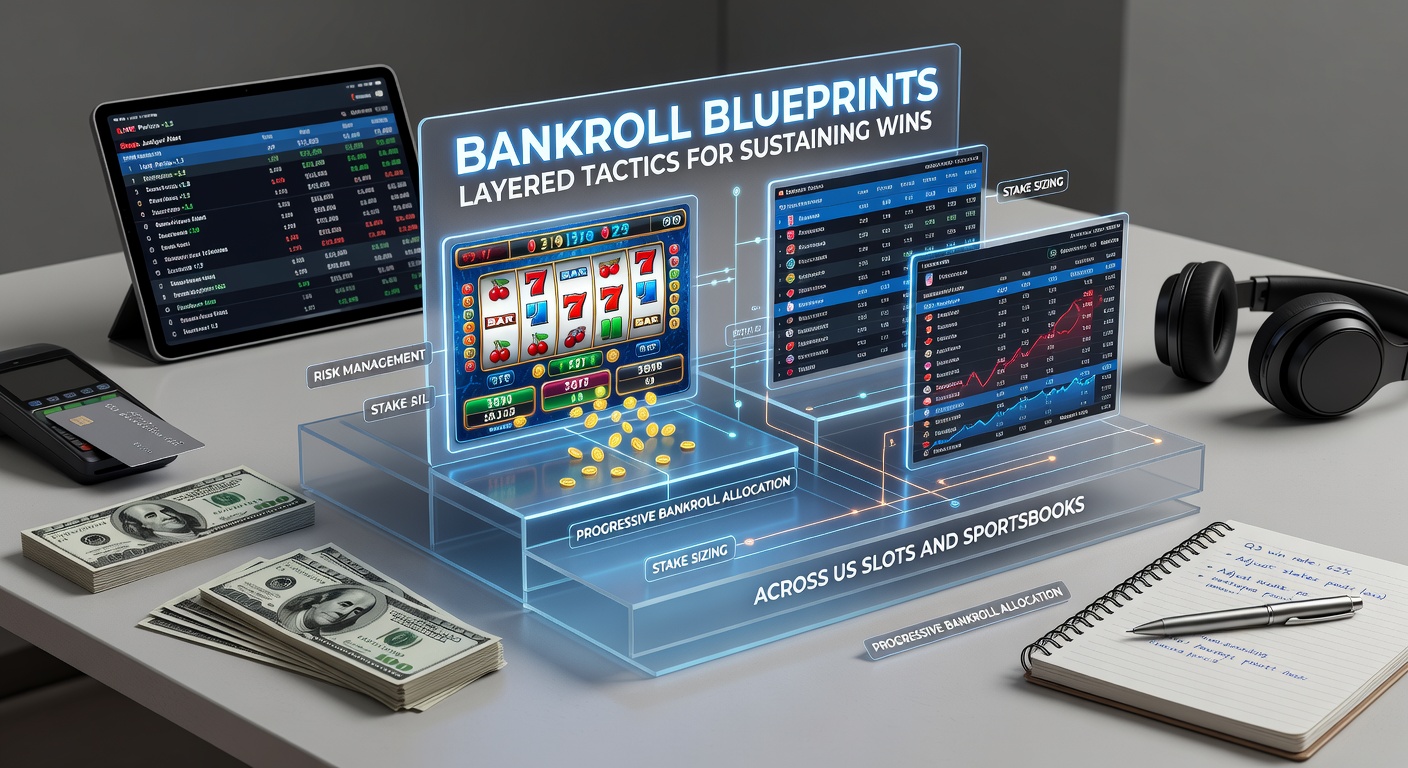 Infographic of bankroll pyramid with slots icons on one side and sportsbook graphs on the other, showing layered win sustainment