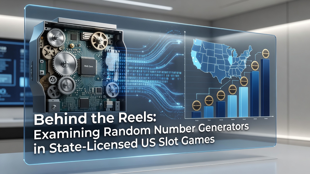 Close-up view of a slot machine reel with digital overlays representing random number sequences and certification seals