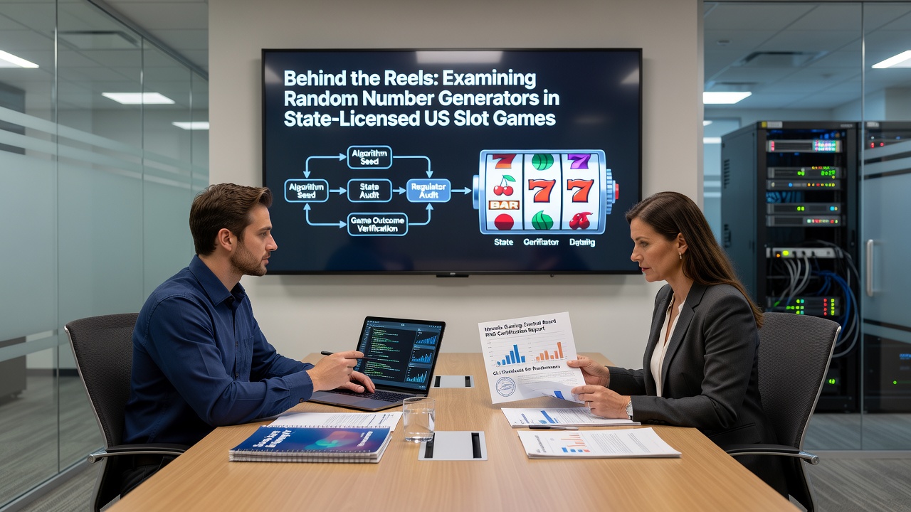Technician reviewing RNG certification reports on multiple monitors inside a gaming laboratory