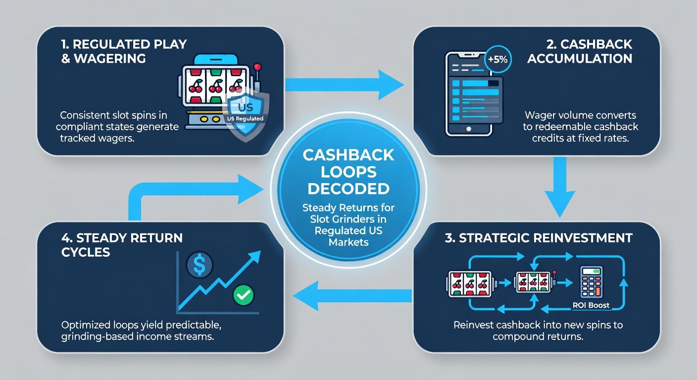 Graph showing cashback rebate cycles on a slot interface, with arrows looping deposits, wagers, and returns in a US-regulated casino app