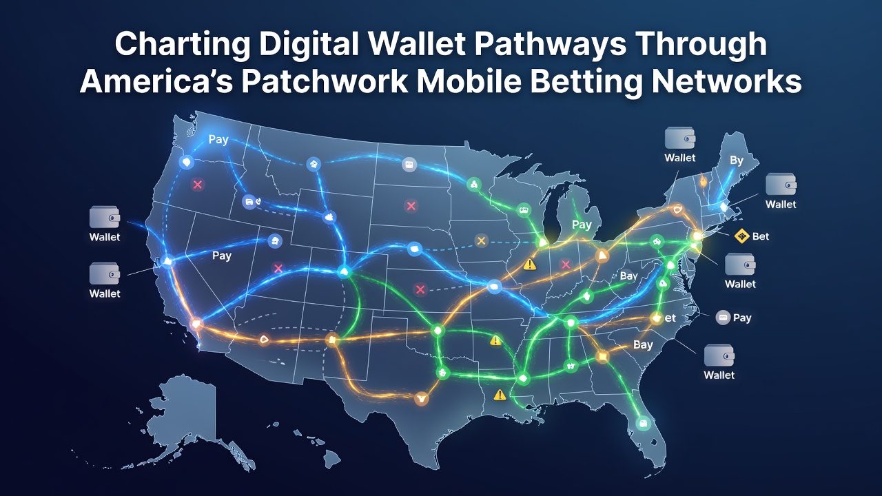 Illustration of digital wallet icons connecting across various US state maps representing mobile betting networks