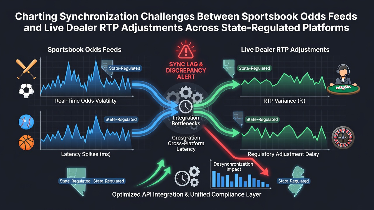 Technical dashboard showing sportsbook odds feeds syncing with live dealer RTP metrics across multiple state platforms