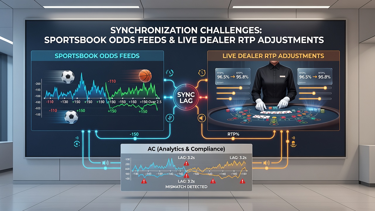 Network diagram illustrating data flow between sportsbook servers and live dealer RTP adjustment modules