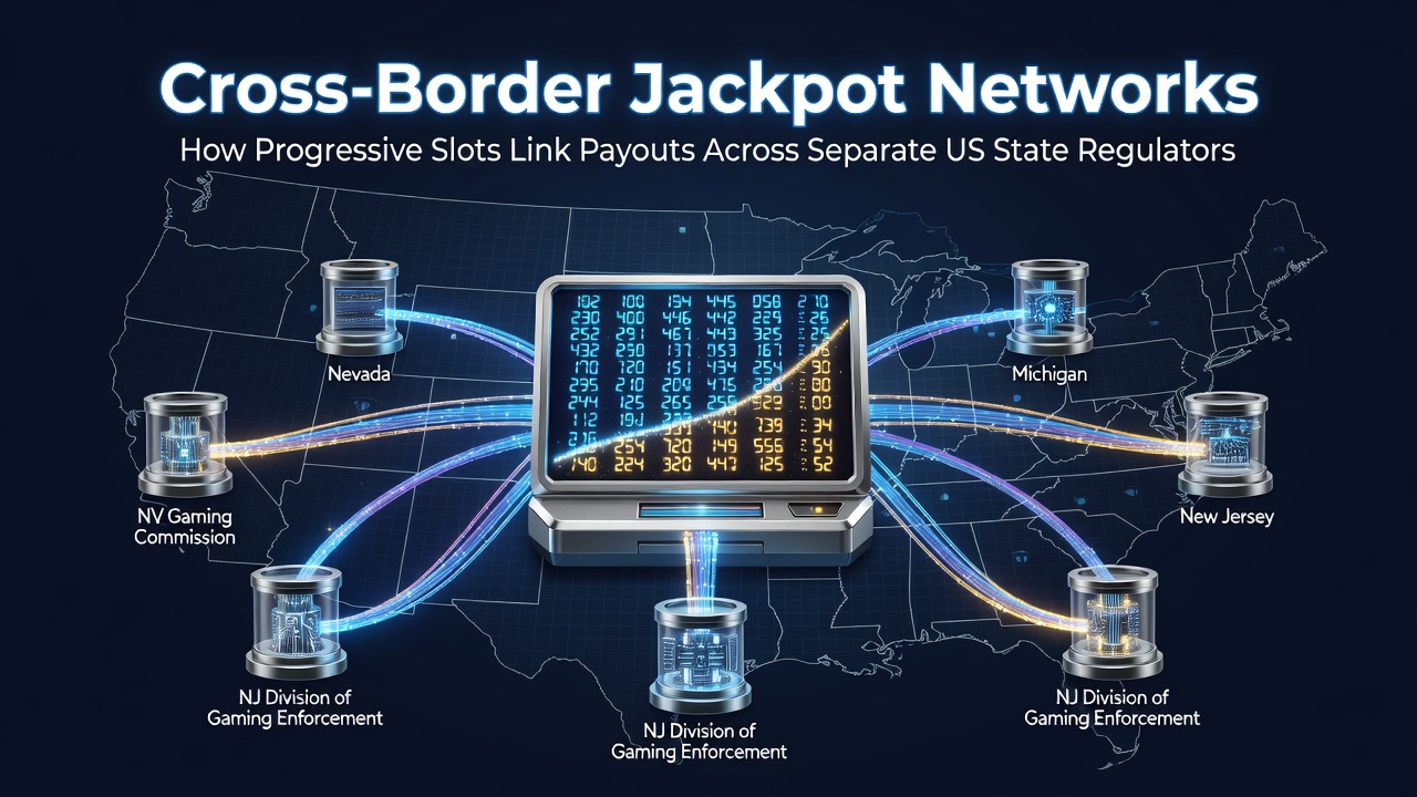 Diagram showing progressive jackpot connections between multiple US state gaming systems