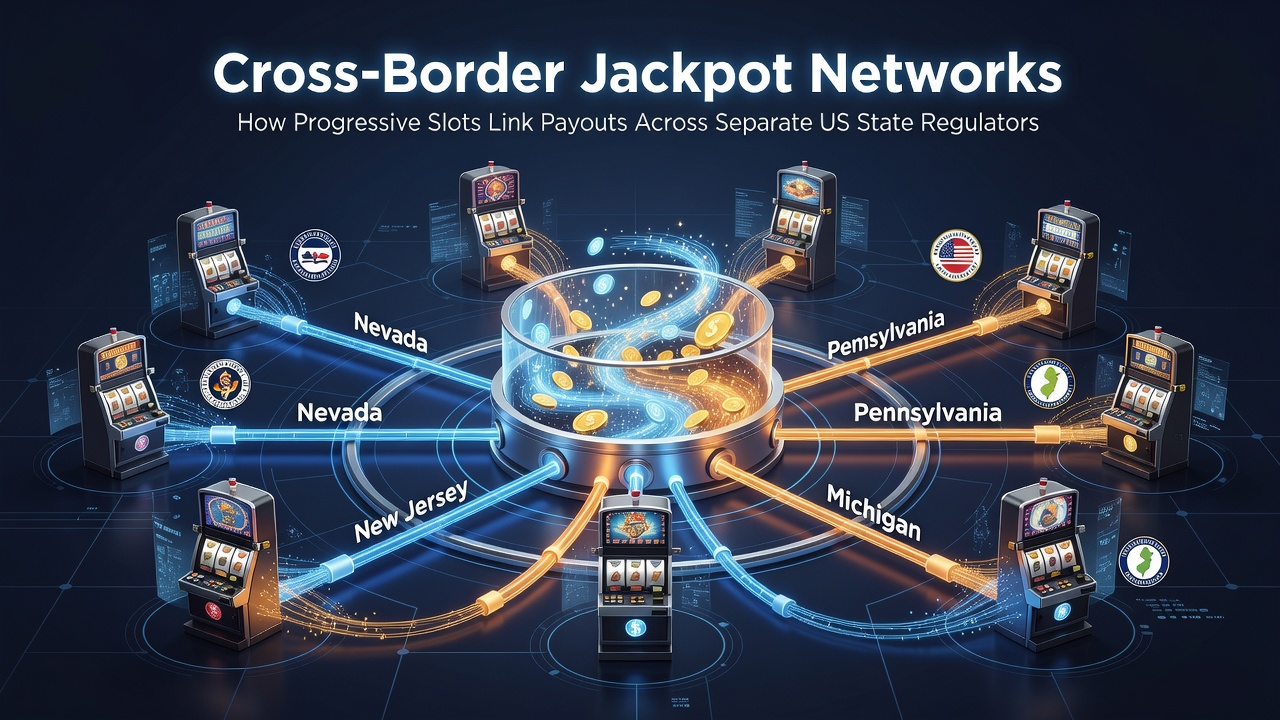 Illustration of slot machines in different states contributing to a shared progressive jackpot meter