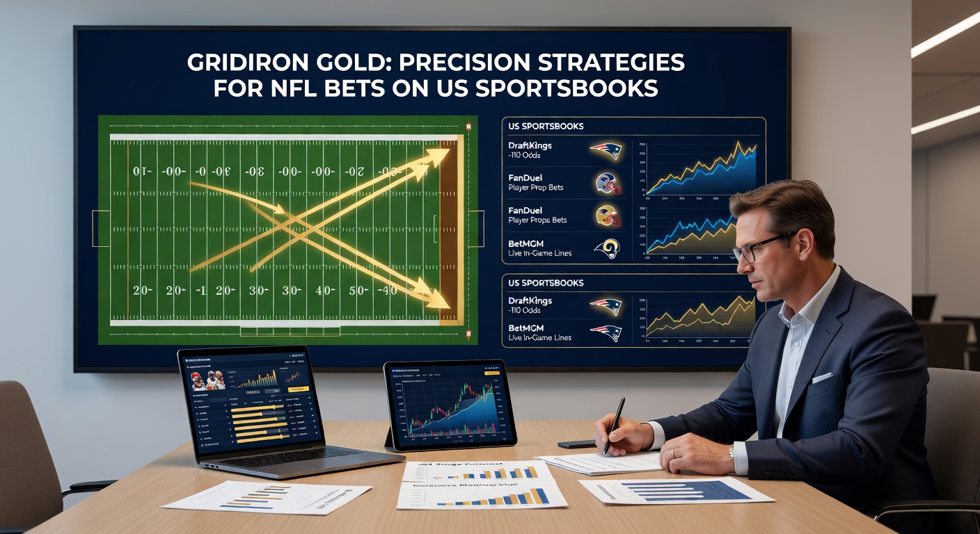Close-up of a sports bettor analyzing NFL stats on a laptop screen surrounded by betting slips and a football helmet