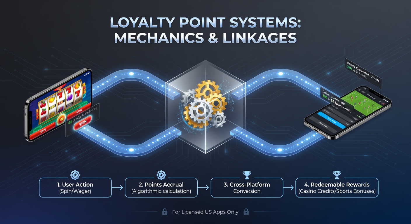 Diagram showing loyalty point flow from casino spins to sports wagers in US apps