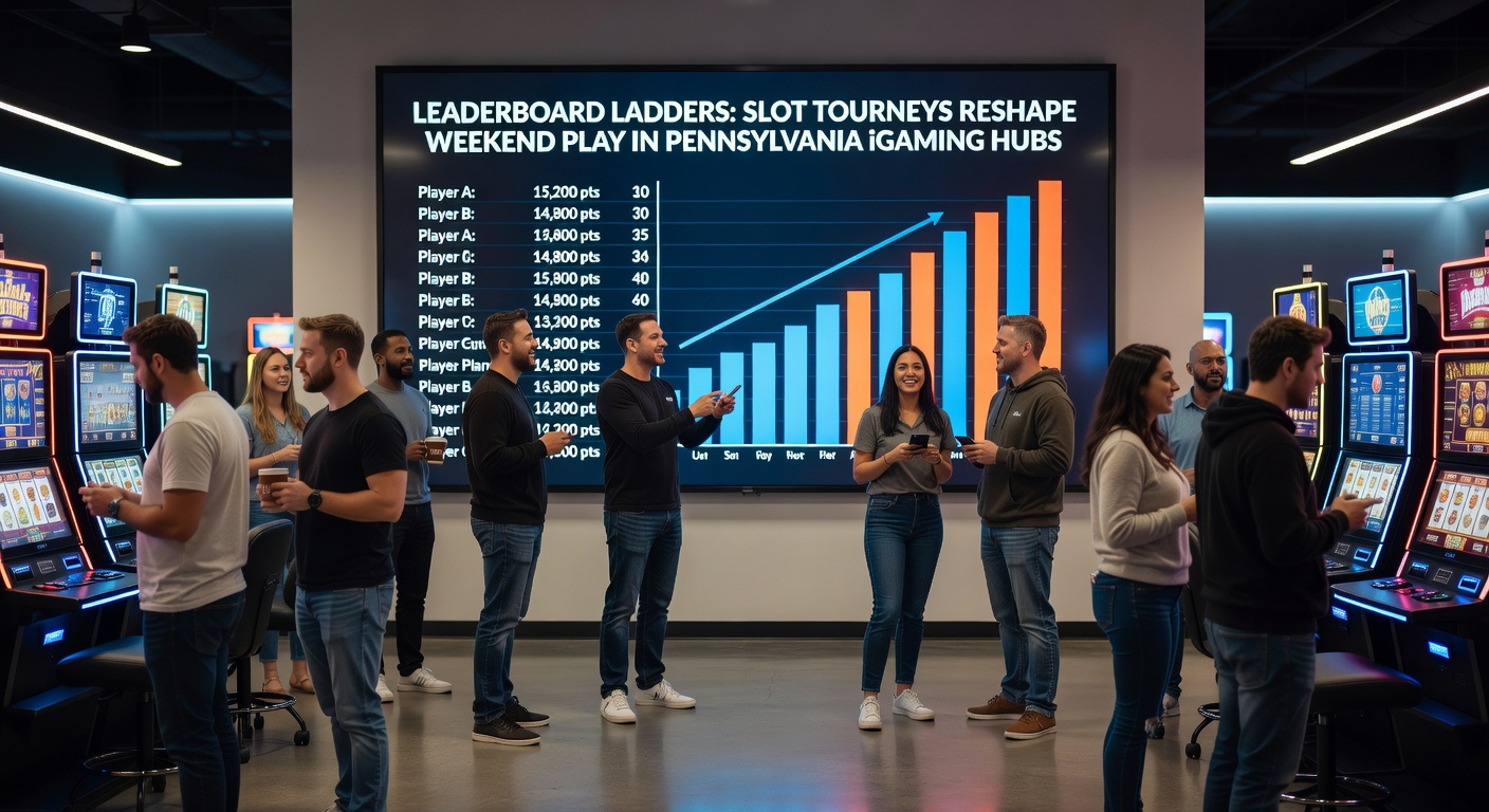 Digital leaderboard displaying top slot tournament players climbing ranks in a Pennsylvania online casino interface, with glowing prizes and real-time scores