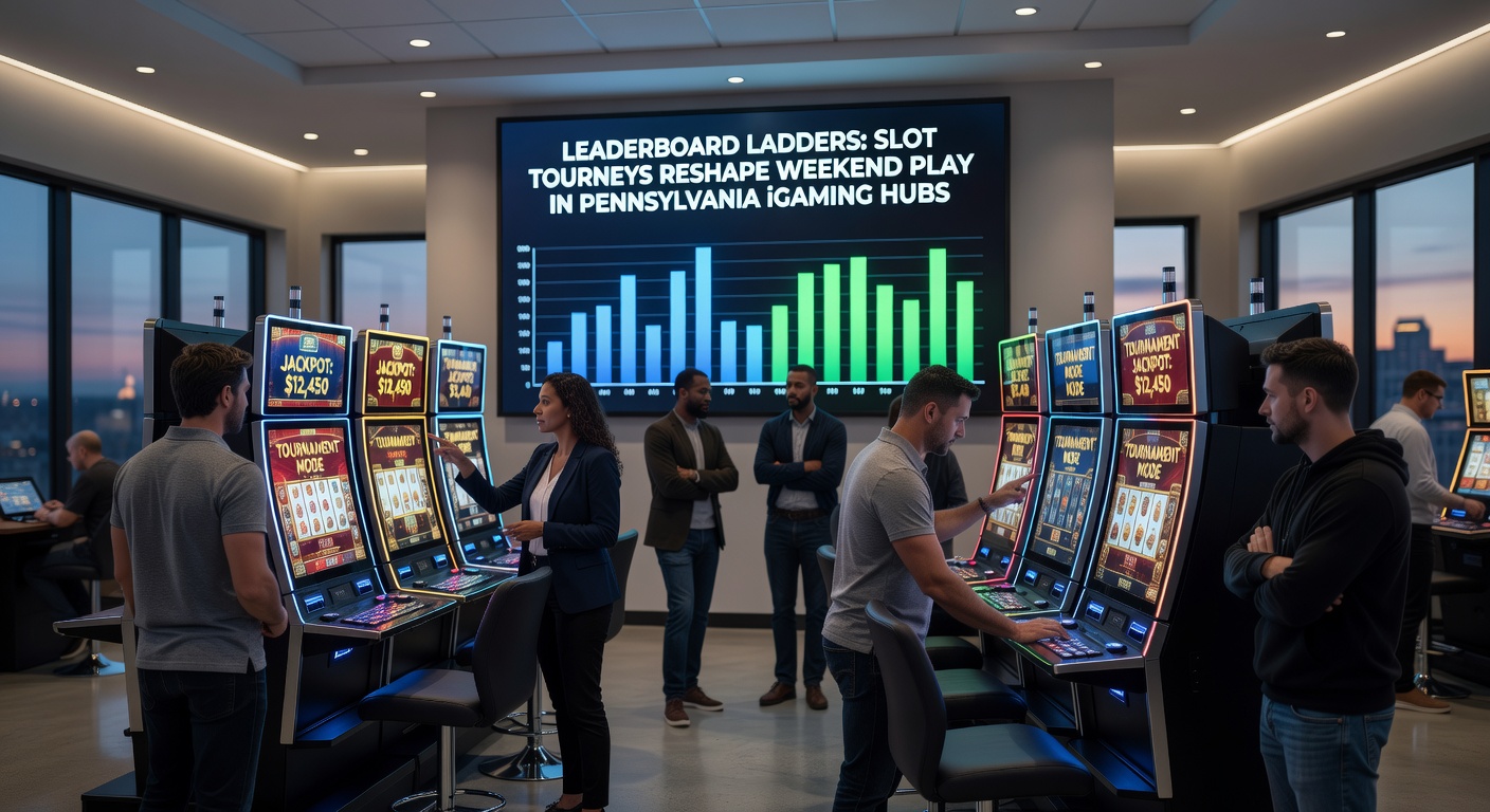 Players on mobile devices engaged in a slot tournament leaderboard, showing Pennsylvania-themed graphics with Philly skyline and prize tiers glowing on screen