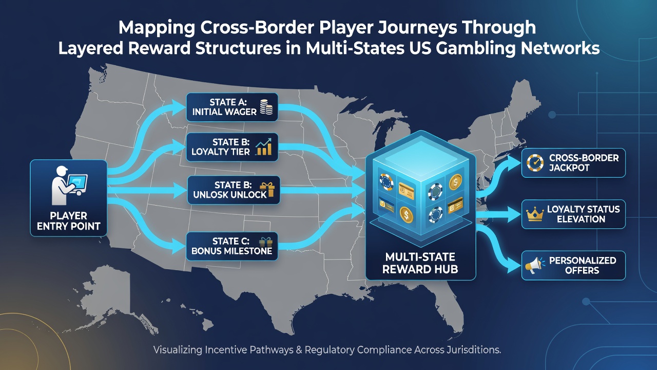 Diagram showing layered reward structures and player movement across US states