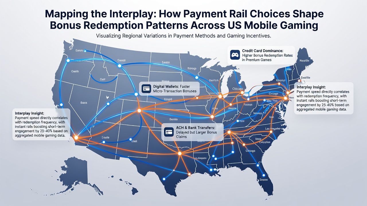 Analytics dashboard showing payment rail usage and bonus redemption rates in US gaming apps