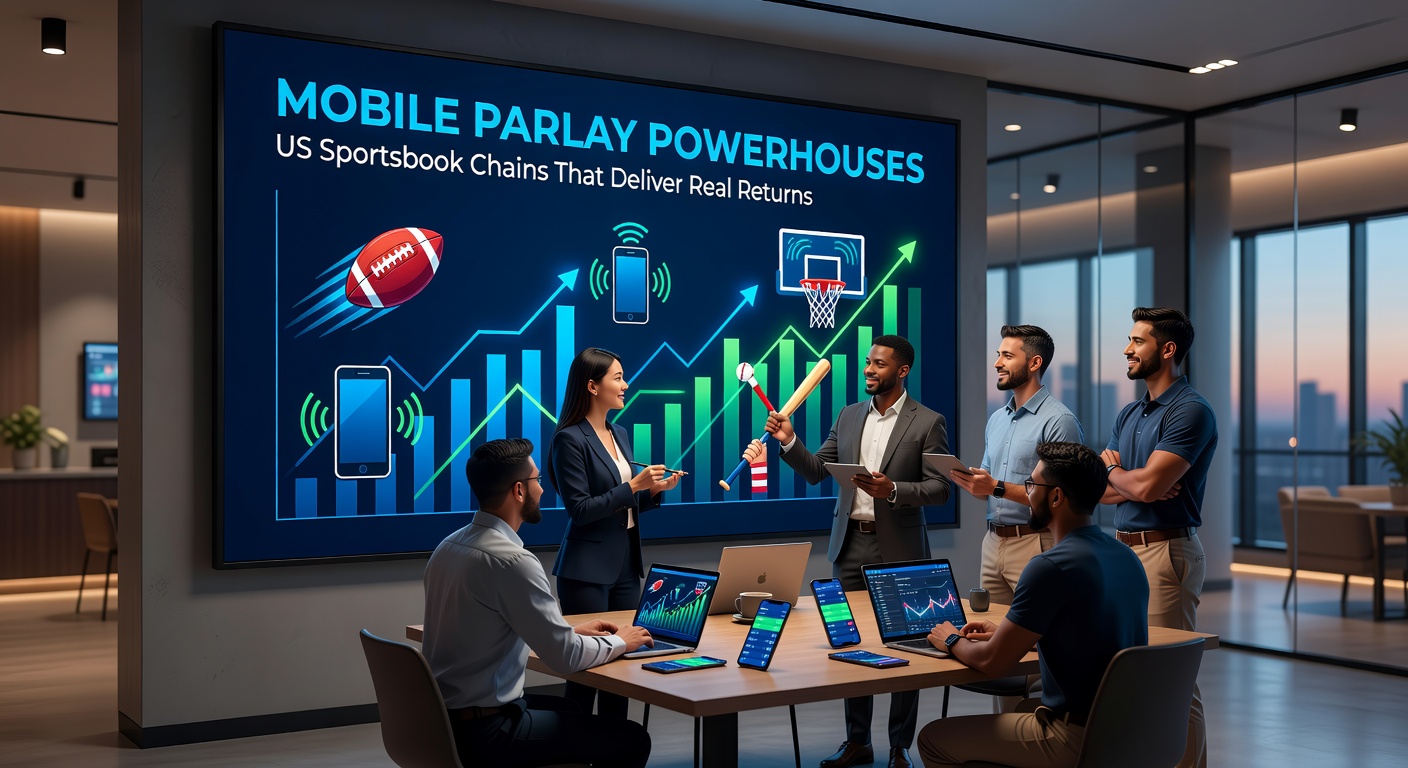 Close-up of a user's hand holding a smartphone with a successful parlay payout notification from a major US sportsbook chain, coins and sports icons overlayed