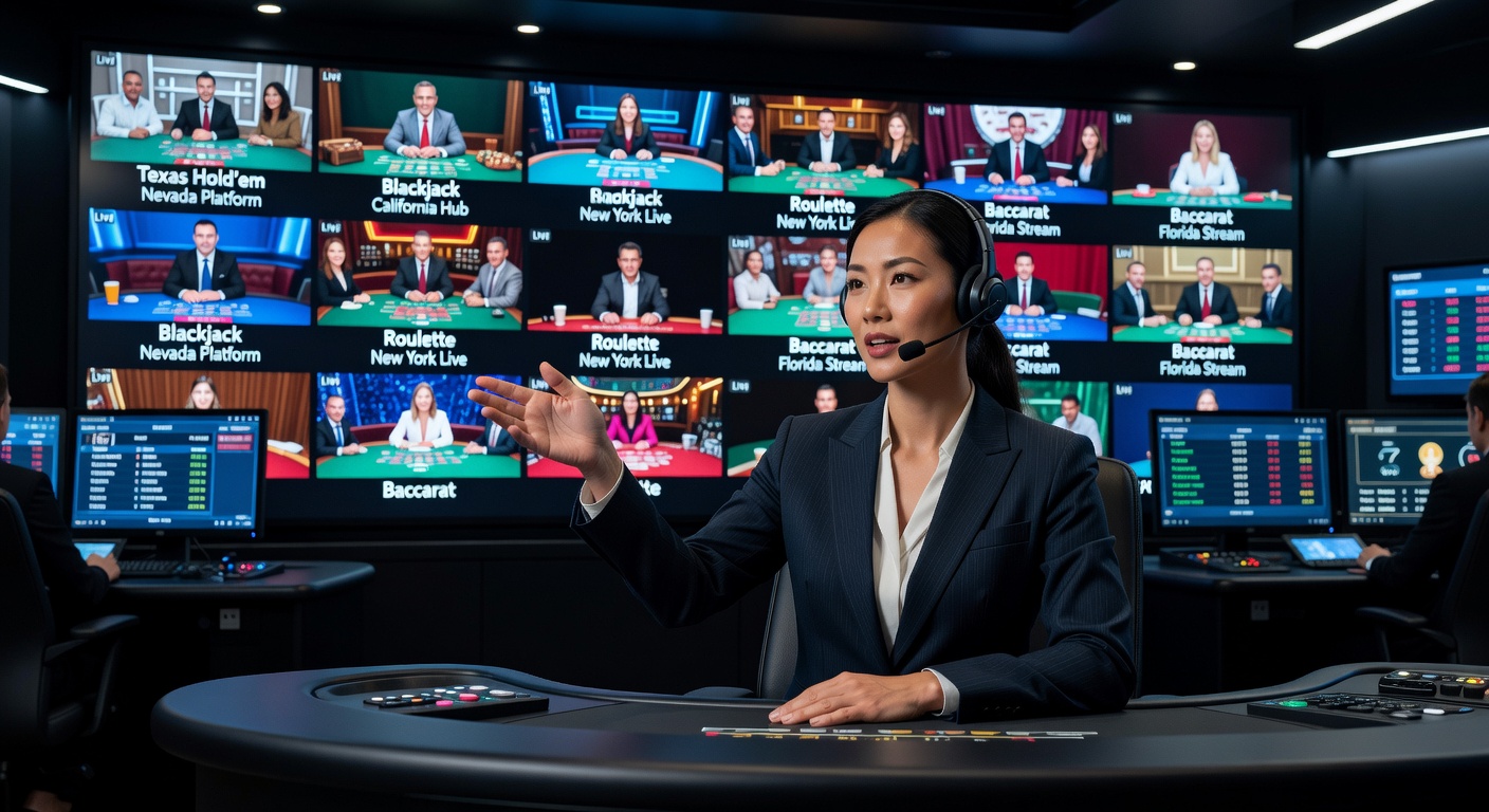 Live dealer at a high-tech studio managing multiple blackjack and roulette tables simultaneously on US online casino feeds