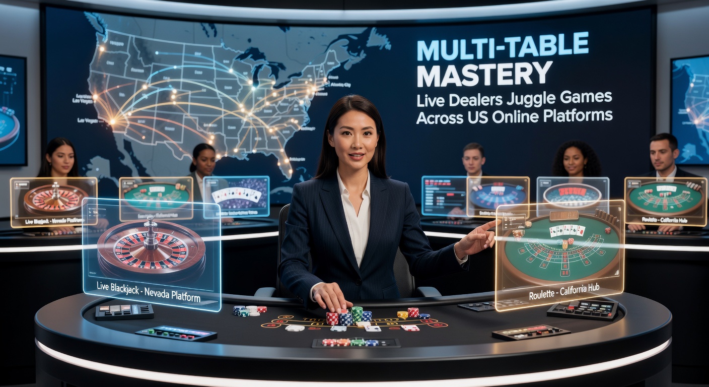 Close-up of multi-table control console in a US live dealer studio, showing synchronized feeds for roulette and blackjack