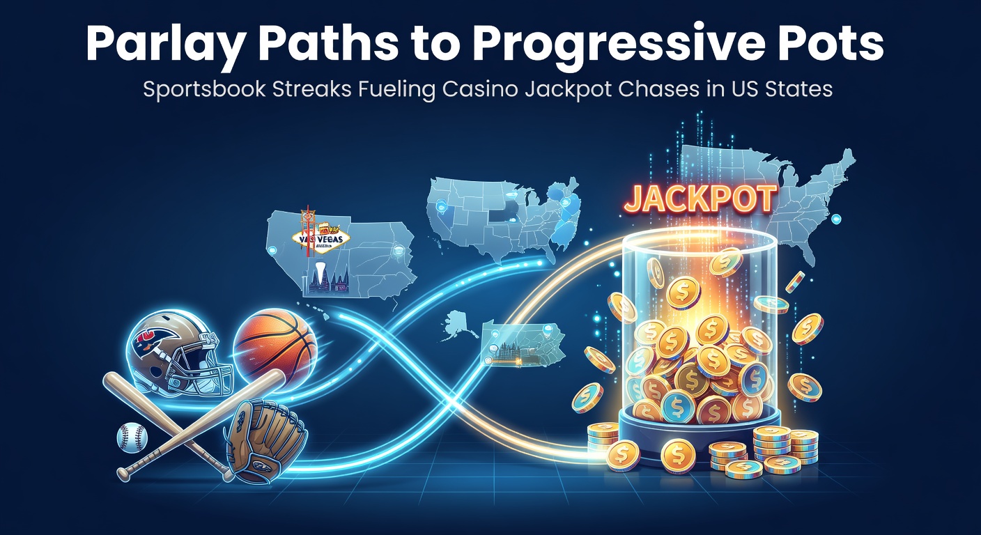 Digital display showing interconnected sportsbook parlay bets and glowing progressive jackpot slots in a US online casino interface