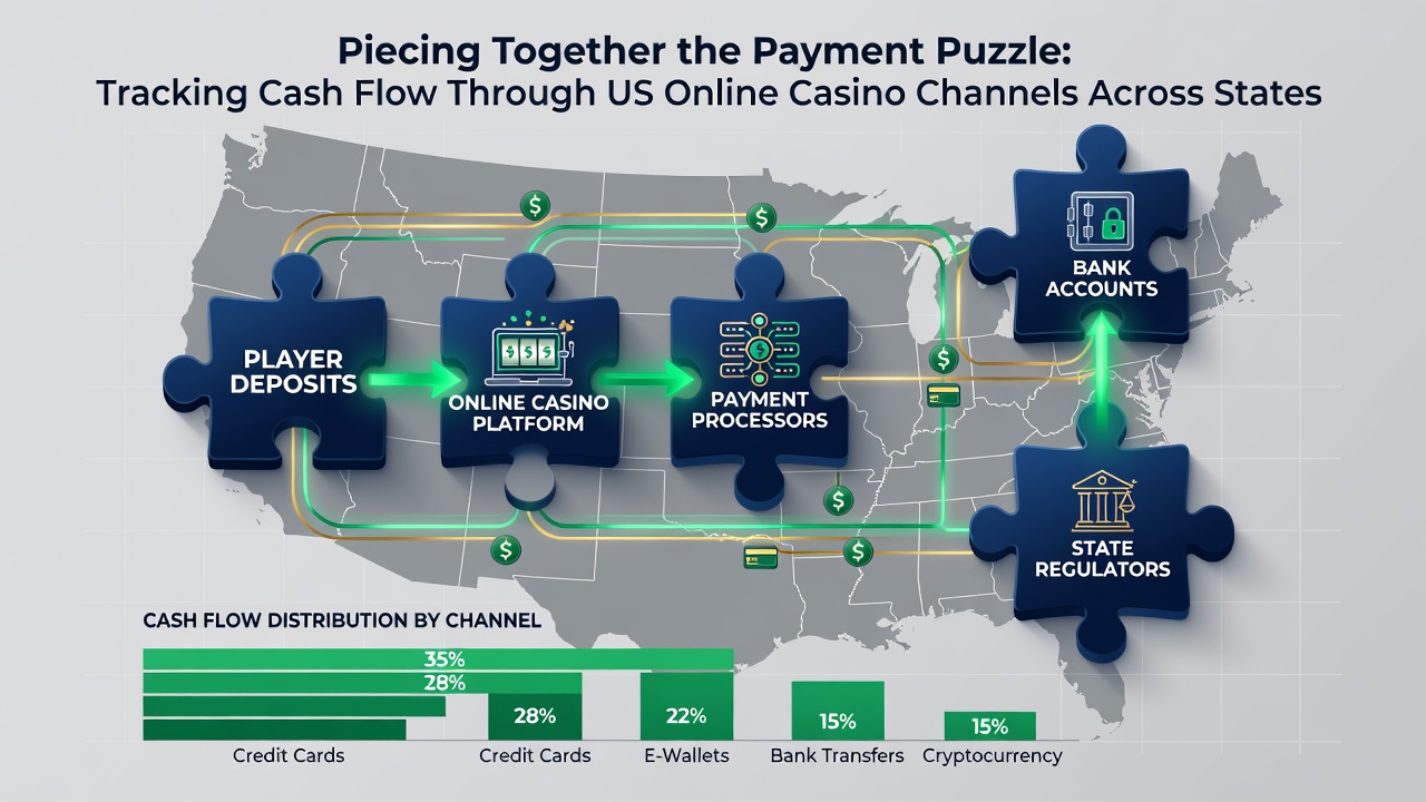 Infographic illustrating payment method distribution and cash flow volumes across US igaming states