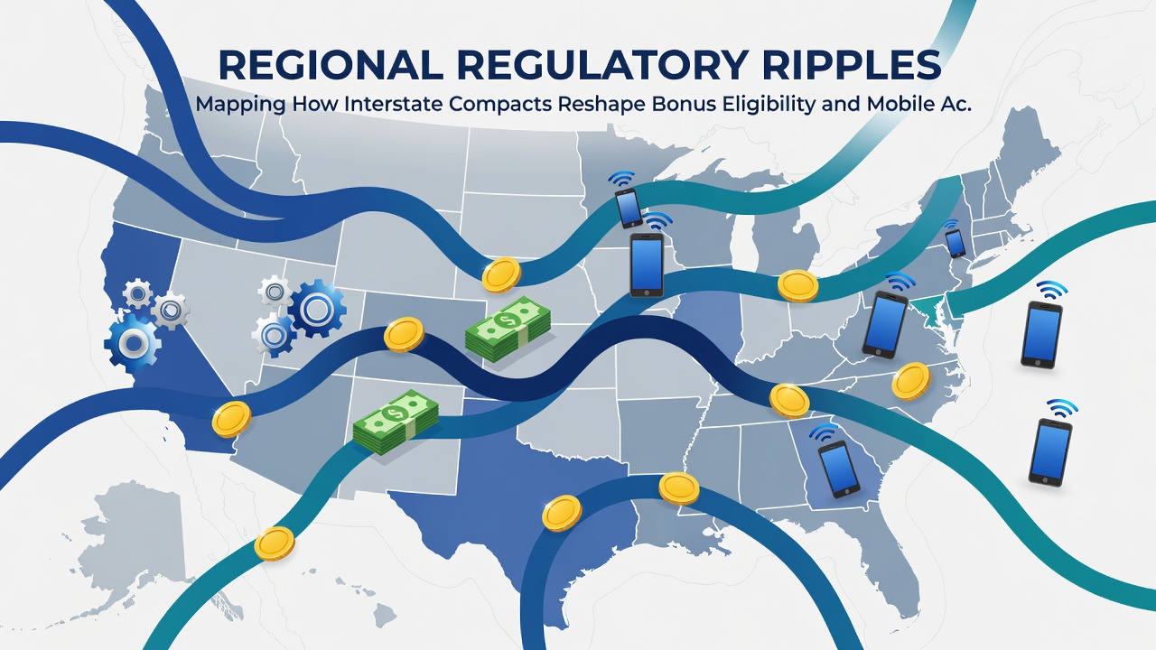 Illustration of mobile device accessing US online casino platforms with interstate compact boundaries highlighted