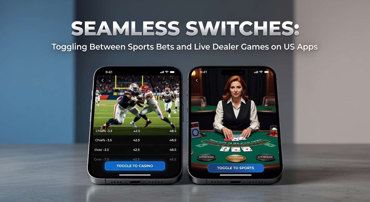 Mobile app interface showing sports betting odds next to live dealer blackjack table on a US platform