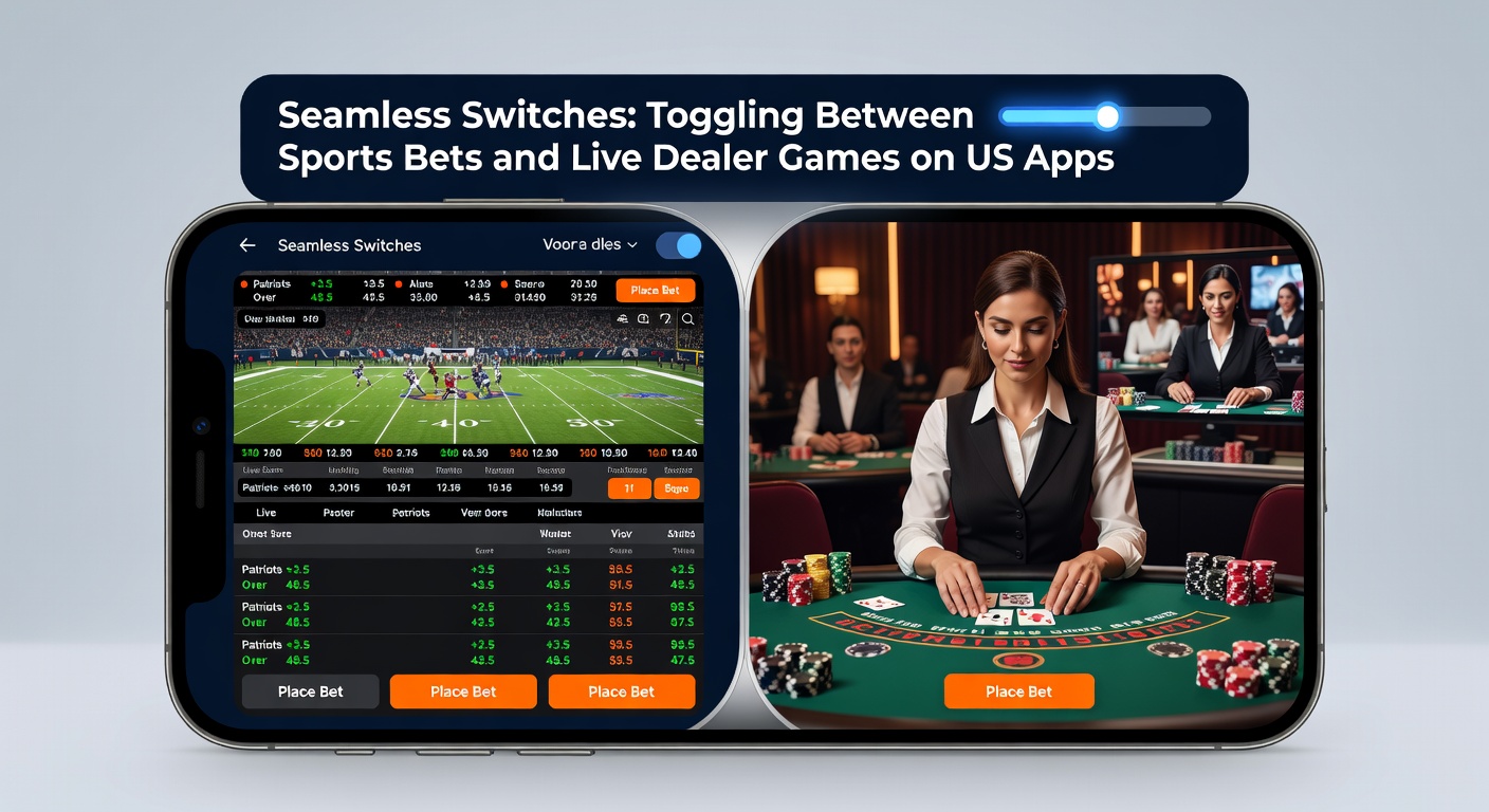 Screenshot of a hybrid US app dashboard with sports odds on one side and live dealer game stream on the other, highlighting seamless toggle button