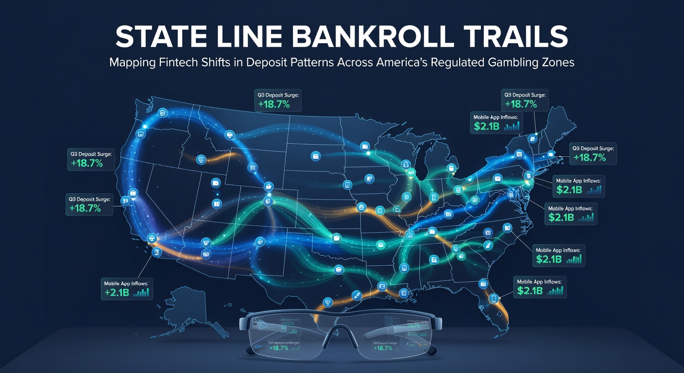 Map overlay showing fintech deposit flows across US state gambling borders with digital transaction icons