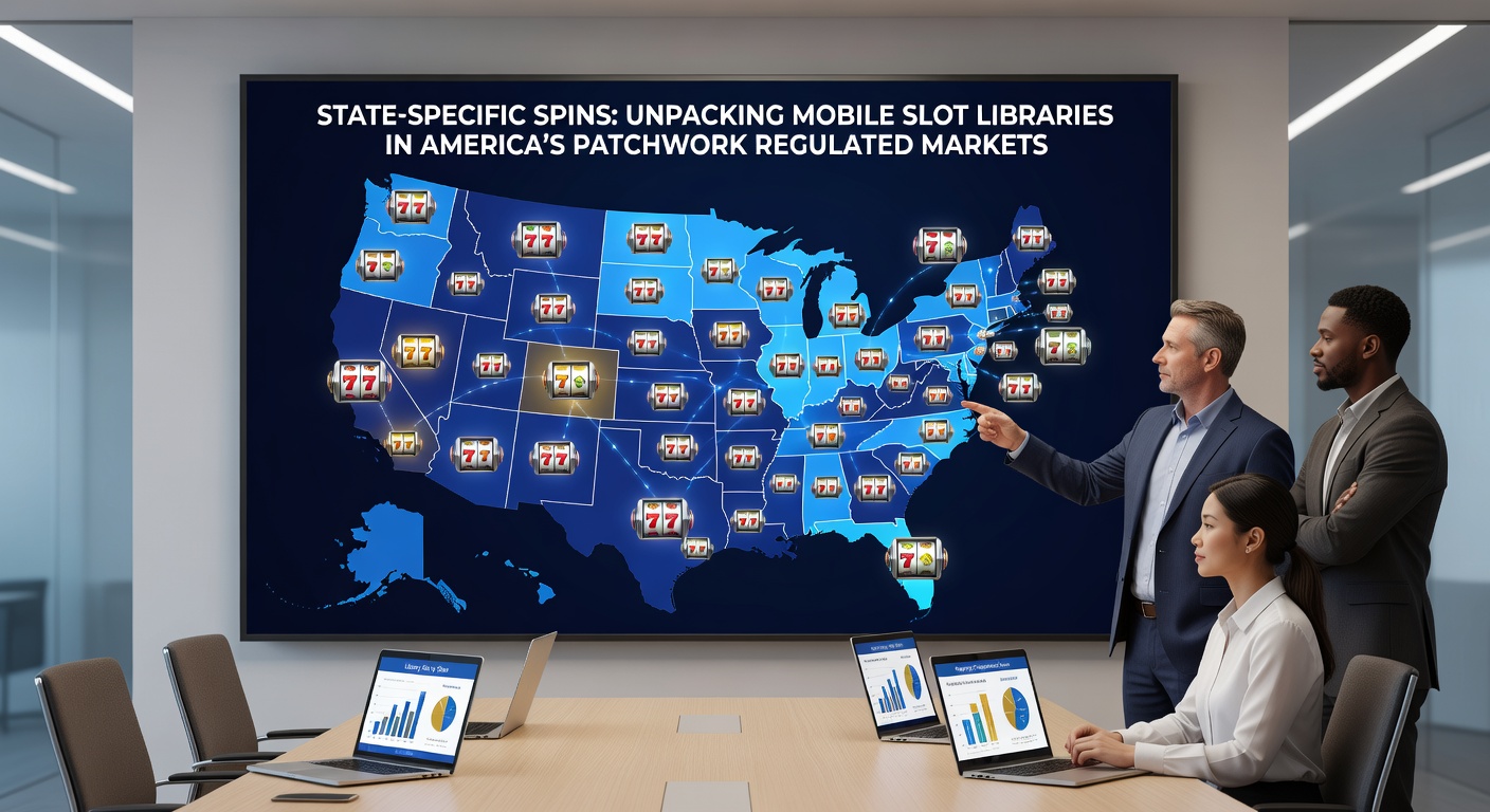 Close-up of a smartphone screen showing a state map of the US overlaid with slot game icons, color-coded by regulated states like NJ in green, PA in blue, and emerging ones in yellow, with mobile app notifications popping up