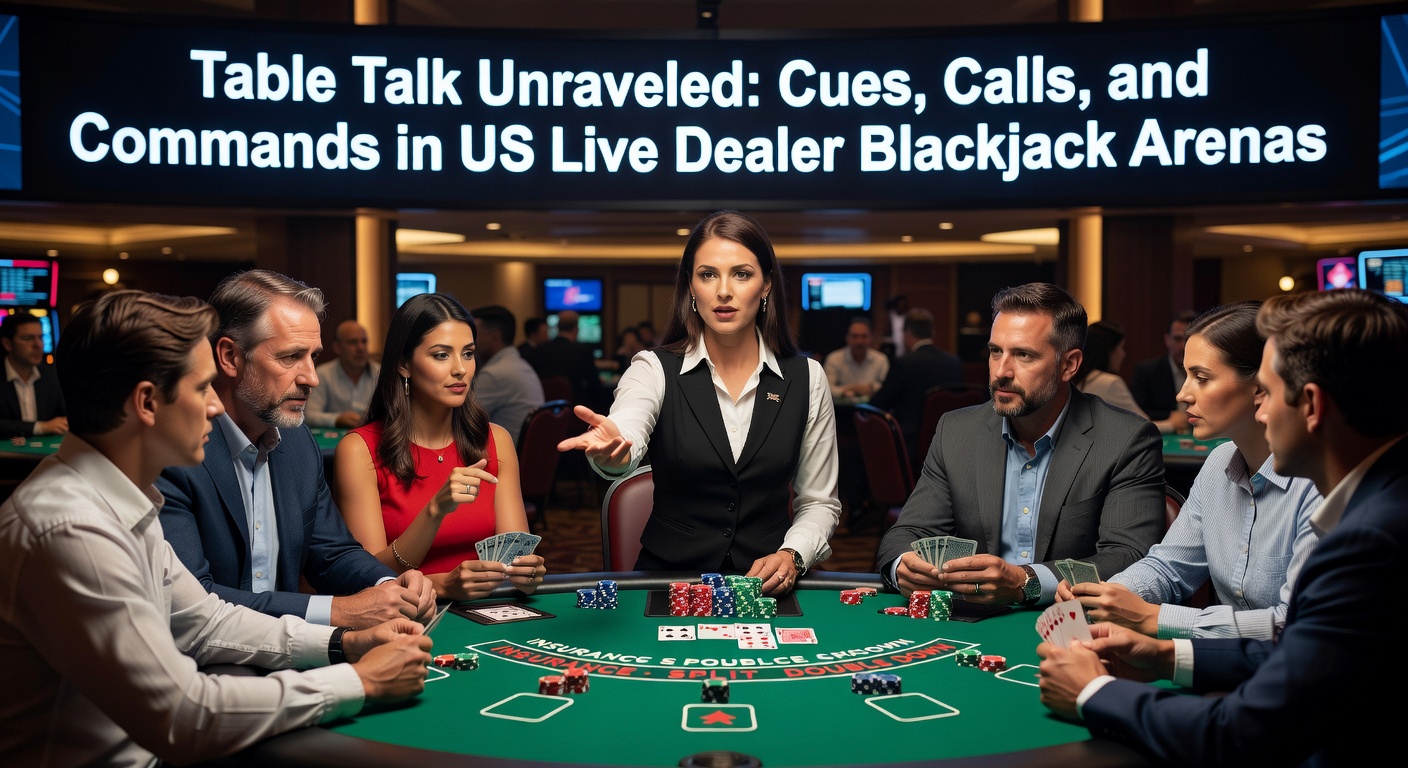 Live dealer at a blackjack table in a US streaming studio, gesturing during a hand while players' chat bubbles appear on screen