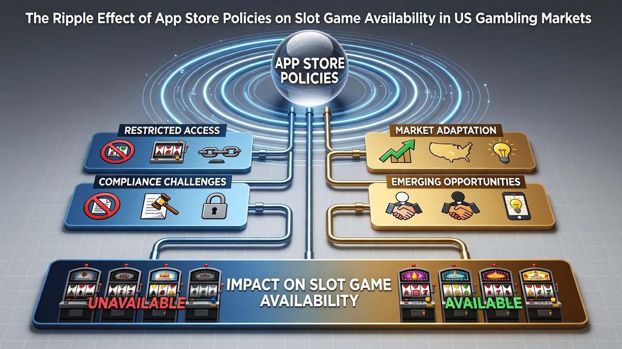 App store policy documents and mobile slot game interfaces displayed side by side on a tablet screen