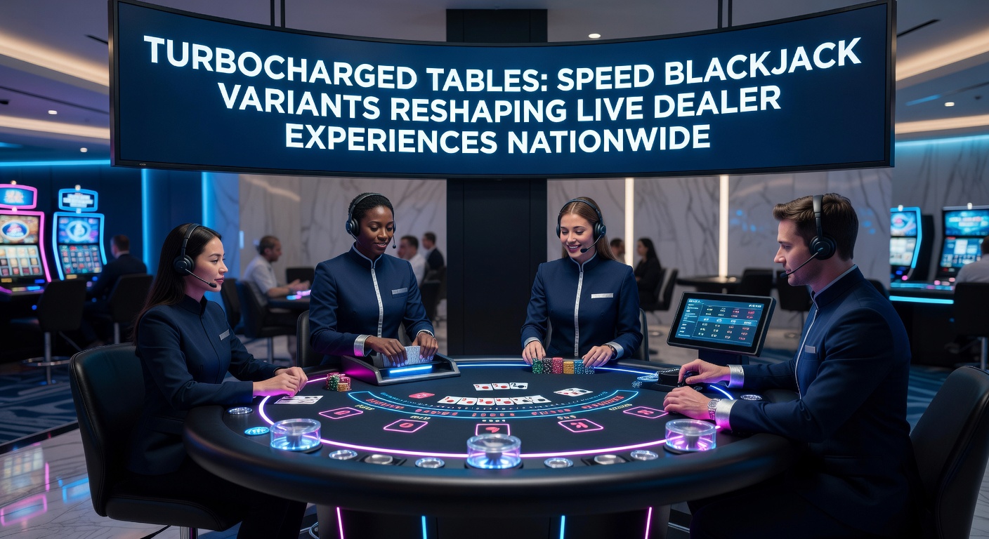 Dynamic live dealer dealing rapid hands in a speed blackjack variant, with cards flying across a sleek digital table setup