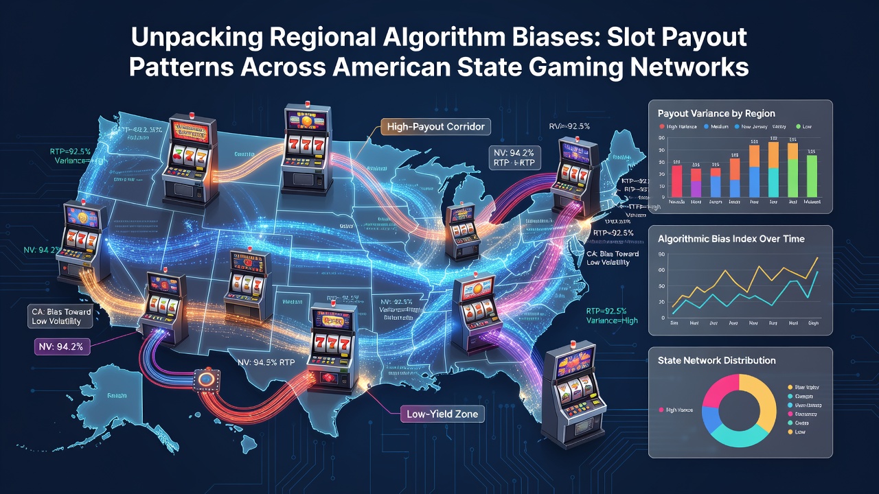Overview of slot machine interfaces displaying regional payout data across different US state networks