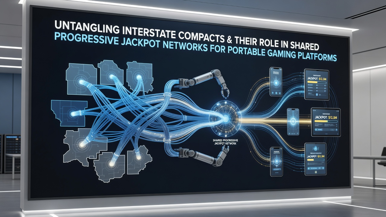 Illustration showing interconnected state lines and mobile gaming devices linked through interstate compact agreements for progressive jackpots