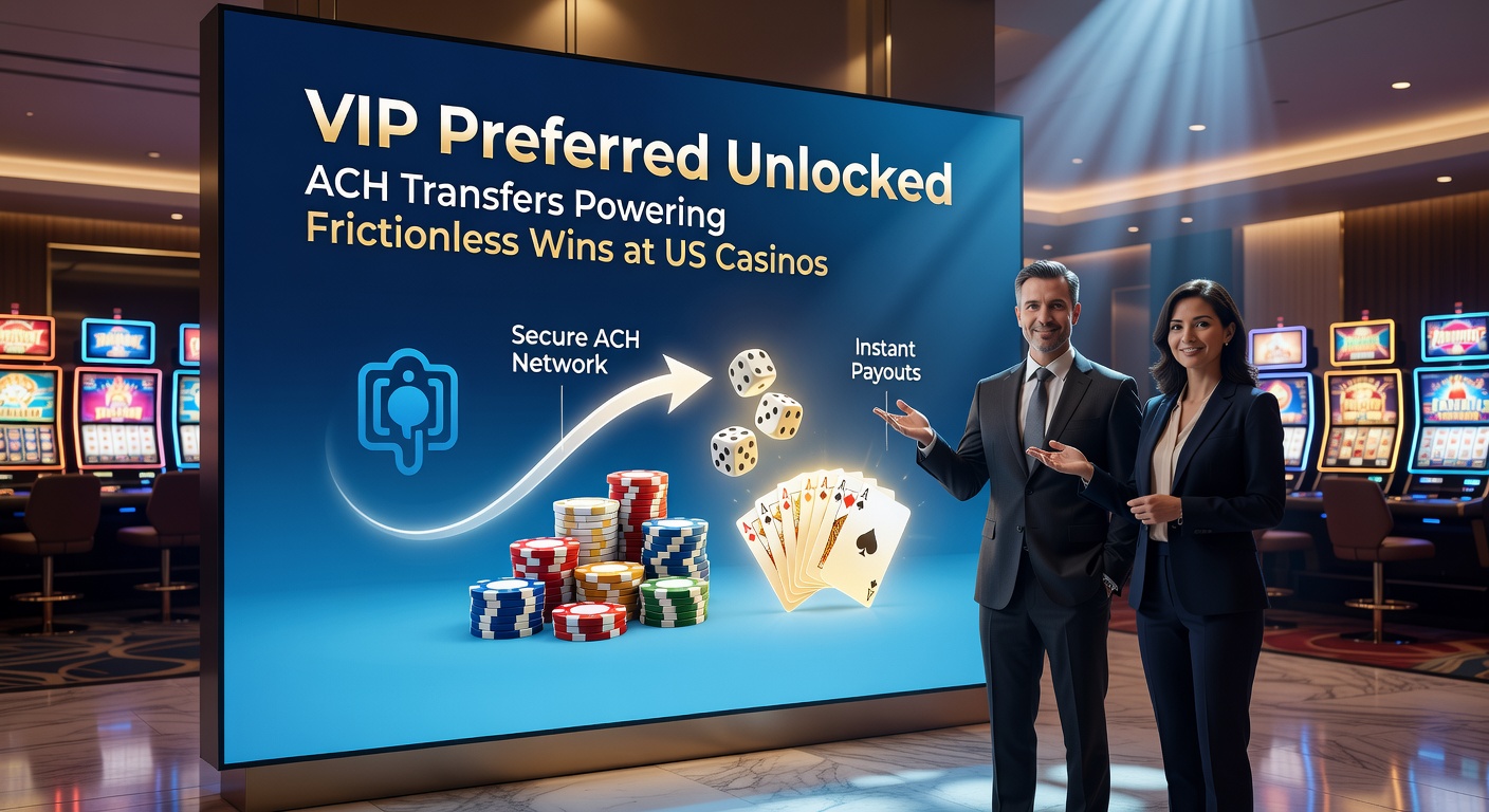Digital graphic showing seamless ACH transfer flow from bank to casino winnings, with VIP Preferred branding and US state outlines highlighted